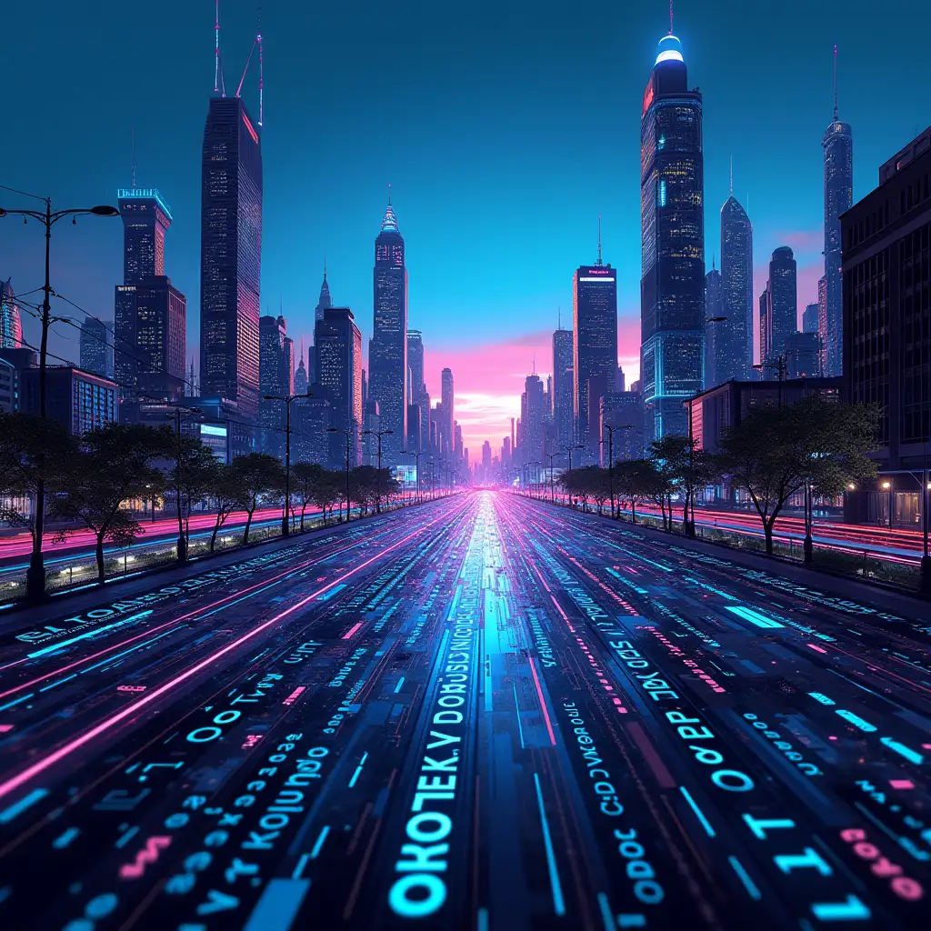 Draw a futuristic, neon-lit cityscape at dusk or nighttime, with sleek skyscrapers and bustling streets. In the foreground, a distorted, glitch-art representation of a computer circuit board, with fragmented code and binary numbers scattered throughout. The color palette could feature a predominantly dark tone, with neon blues, pinks, and purples accentuating the futuristic and cyberpunk elements. The image could incorporate glitch art effects, such as distorted pixels, data corruption, or other digital errors, to reinforce the song's themes of technological overload and system crashes. A sense of movement and energy could be conveyed through blurred or dynamic elements, such as streaks of light or abstract shapes. The overall design should be sleek, modern, and attention-grabbing, with a clear focus on the digital and futuristic aspects.