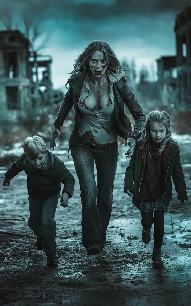 Zombie-Woman-Chasing-Siblings-in-Chilling-Cinematic-Scene