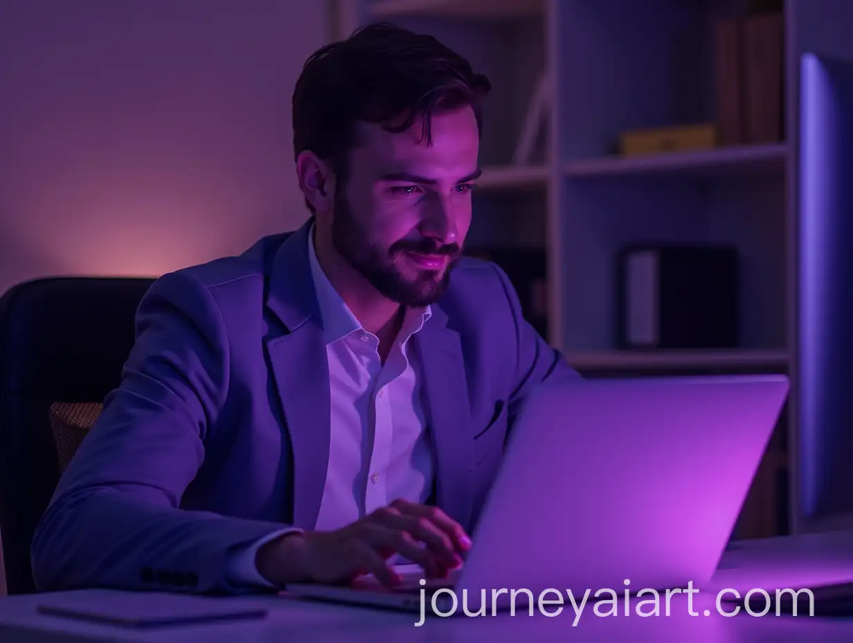 Calm-Slavic-Office-Worker-with-Light-Smile-Focused-on-Laptop-in-Purple-Neon-Ambience