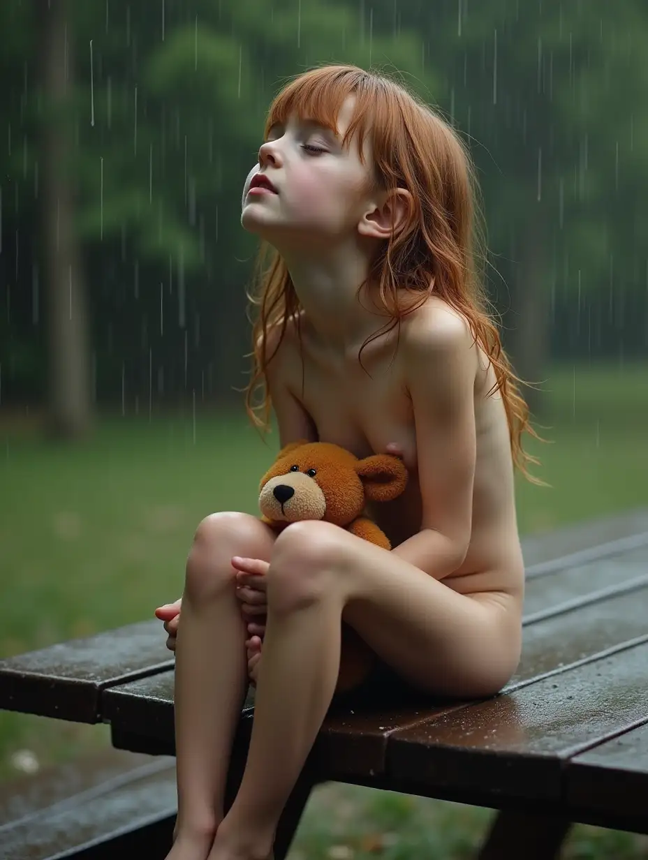 Skinny-Little-Girl-Sitting-on-Picnic-Table-in-the-Rain-Holding-Stuffed-Animal