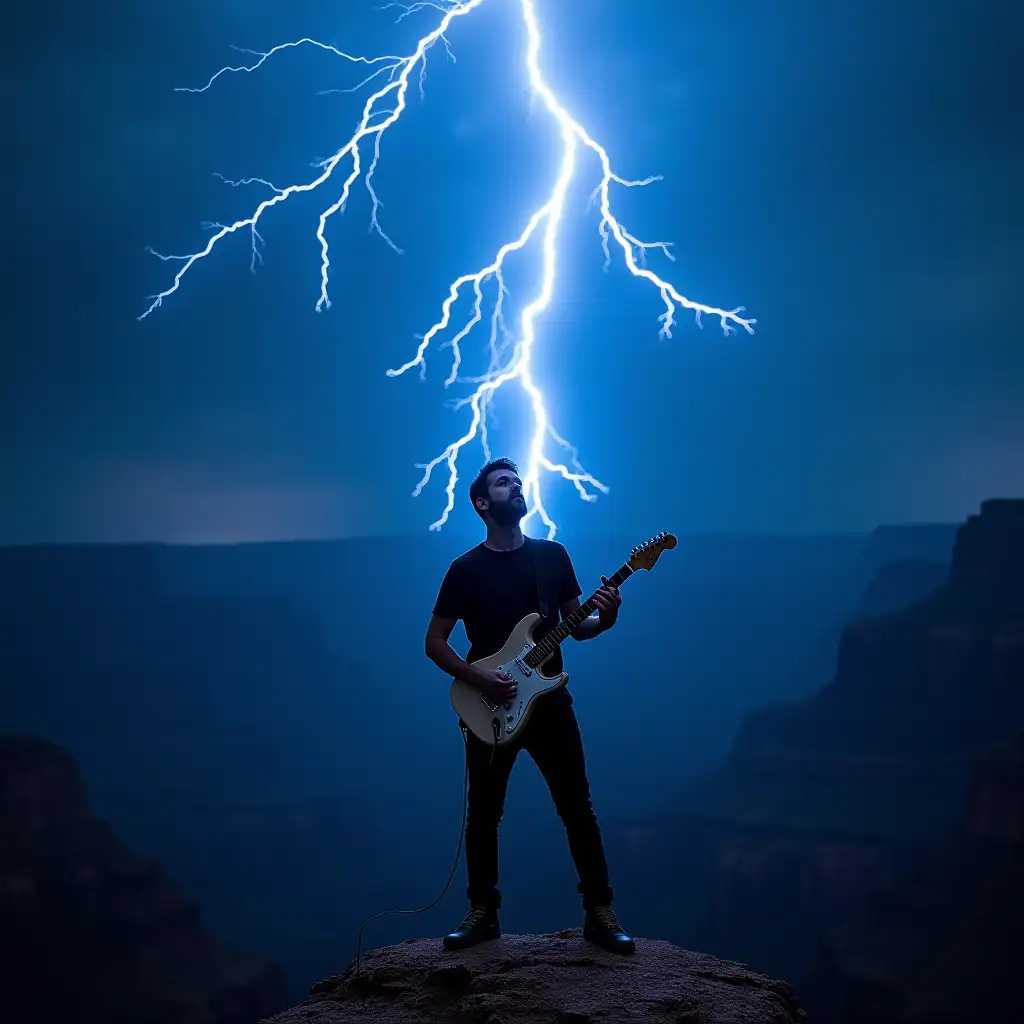 a man dark short hair no beard playing a strat like guitar, struck by blue lightening at the top of a peak in grand canyon. The lightening goes through his head to his left and right arms and hands as lighting them up. He is looking up. his left hand is high on the neck of the guitar as he is doing a bending