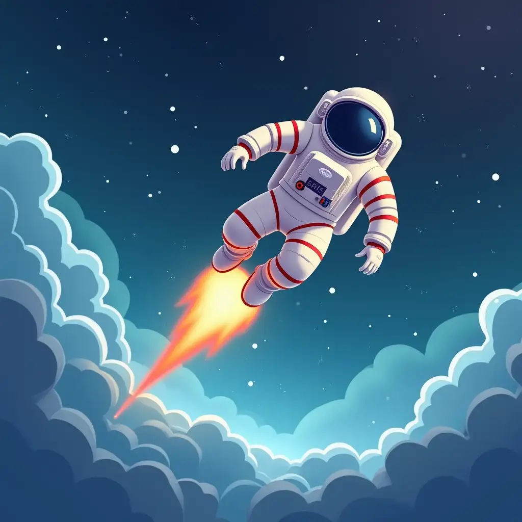 Animated style astronaut soaring in space