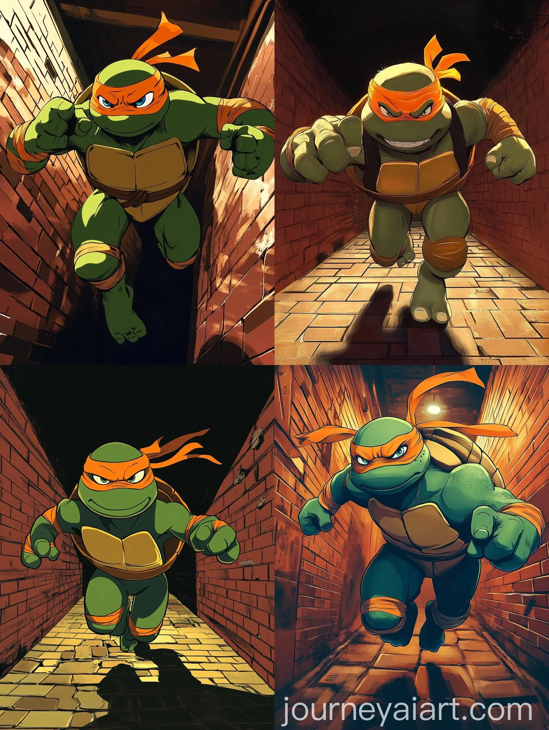 Michelangelo-Ninja-Turtle-Running-in-Dark-Brick-Corridor