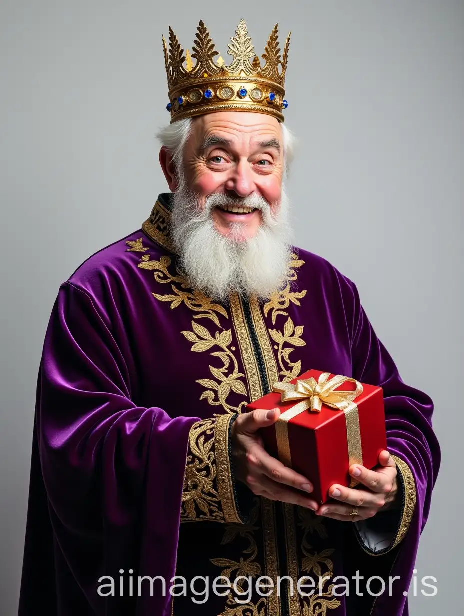 Cheerful-Elderly-Man-in-Purple-Velvet-Tunic-with-Crown-and-Gift