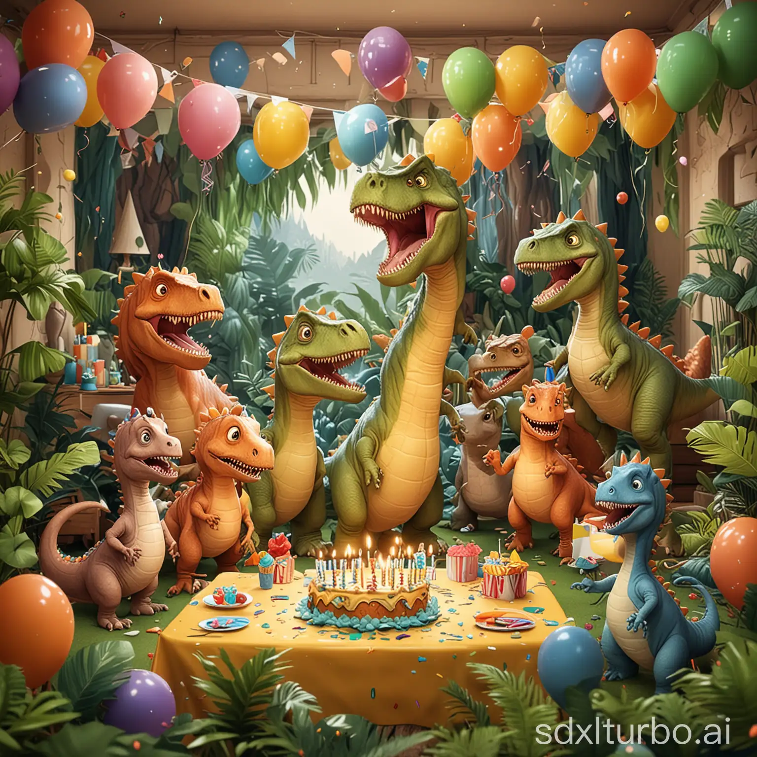 Cartoon dinosaur theme children's birthday scene