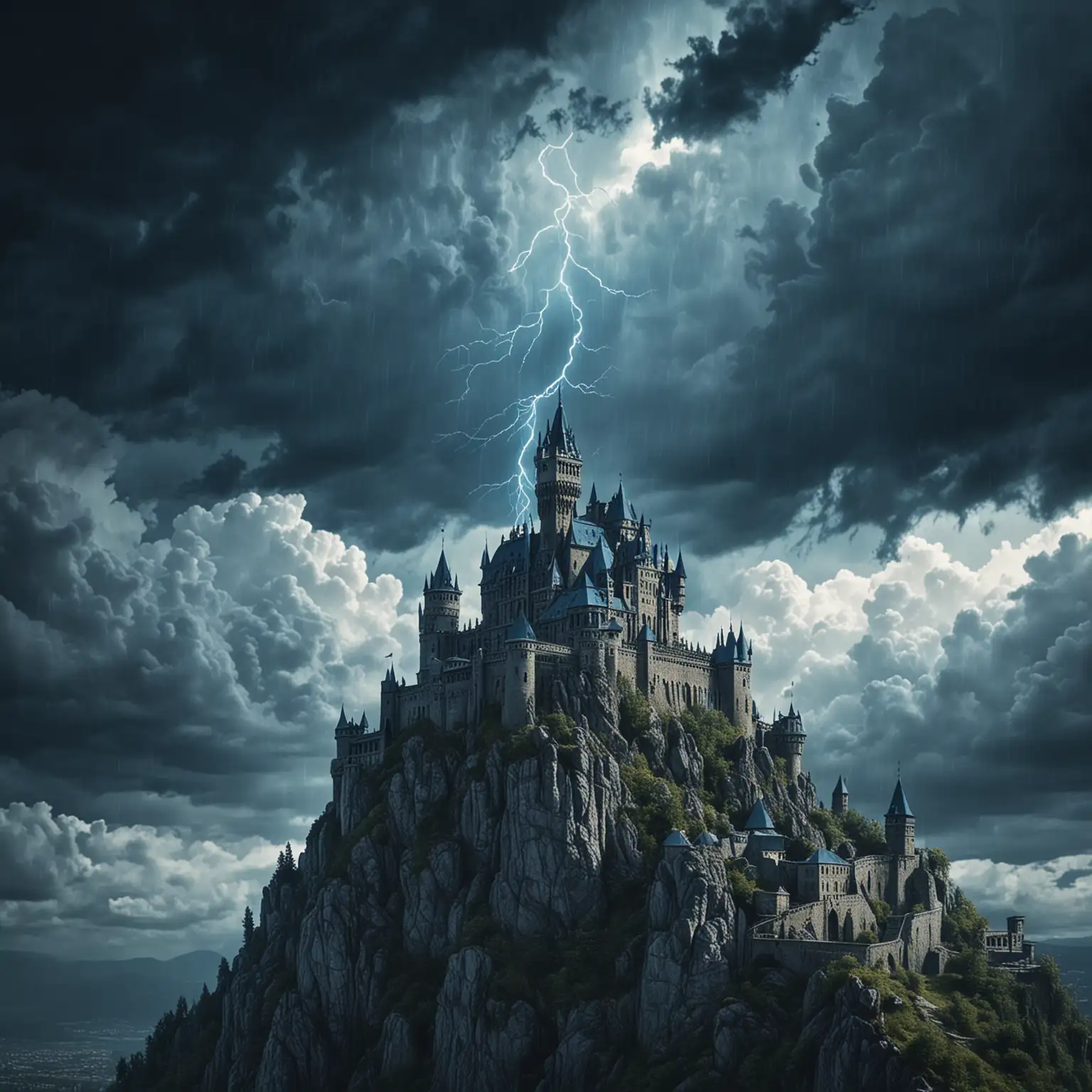 Ancient-Dark-Castle-on-Mountain-in-Blue-Thunderstorm