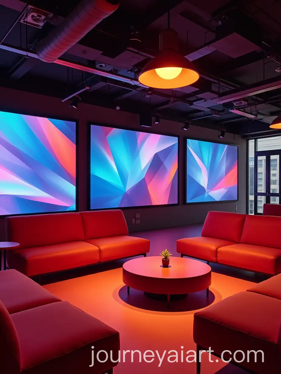 Modern-Business-Lounge-with-Colorful-Sofas-and-Large-Video-Wall