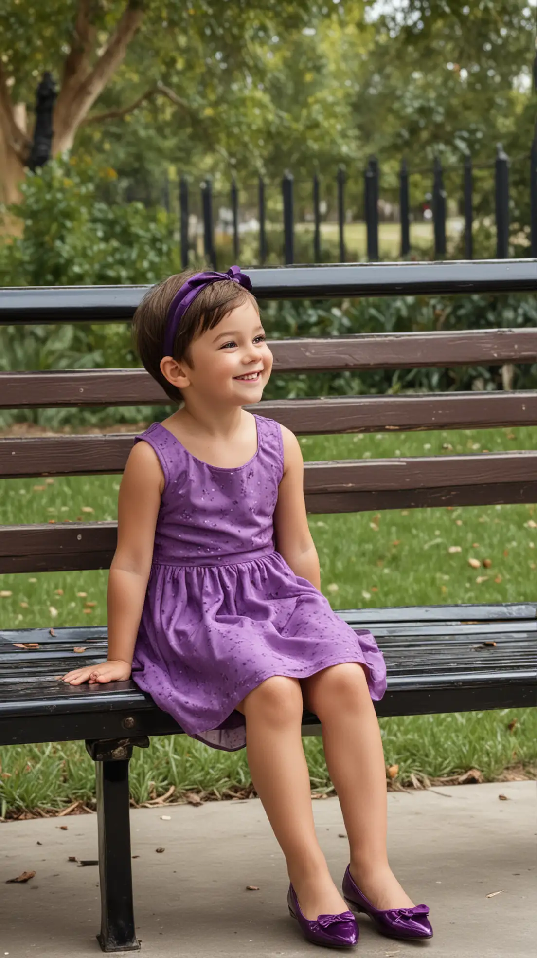 Young-Boy-in-Purple-Dress-and-Ballet-Flats-Smiling-on-Park-Bench