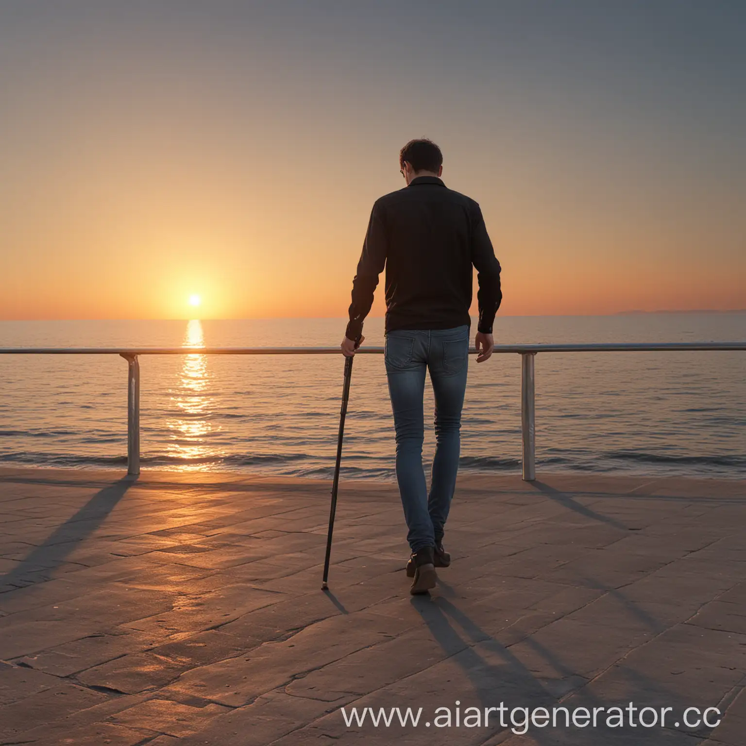 Man-Walking-on-Sea-Promenade-at-Sunset-with-Cane-Photorealistic-Scene