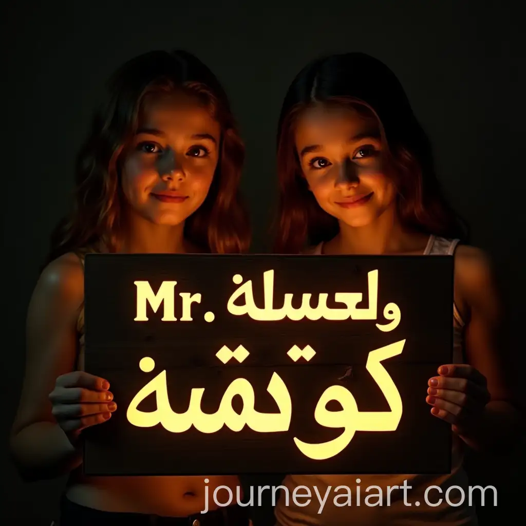 AI-Art-Prompt-ExpansionTwo-Girls-Holding-Glowing-Wooden-Sign-with-Illuminated-Golden-3D-Letters