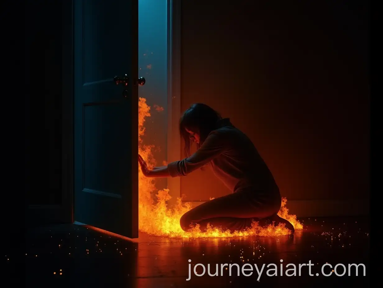 Person-Kneeling-in-Dark-Room-with-Body-Dissolving-into-Embers-and-Ash-Reaching-Toward-a-Closed-Door
