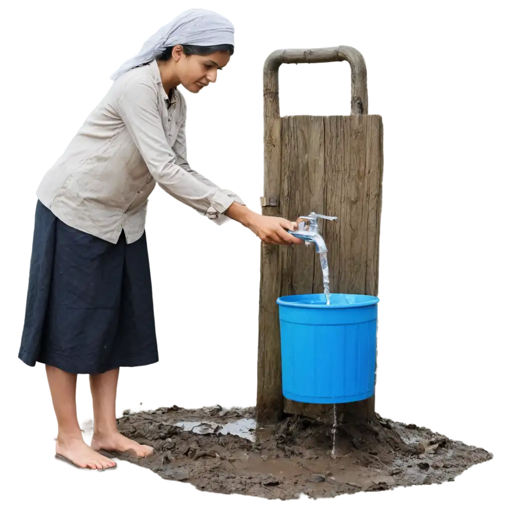 Realistic-PNG-Image-of-a-Woman-Collecting-Dirty-Water-from-a-Tap-in-Rural-Setting