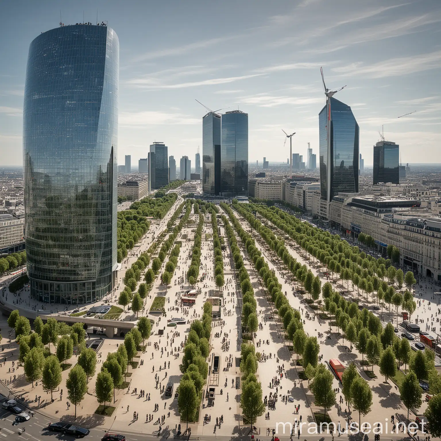 Sunny La Dfense Esplanade with Skyscrapers and Green Technology