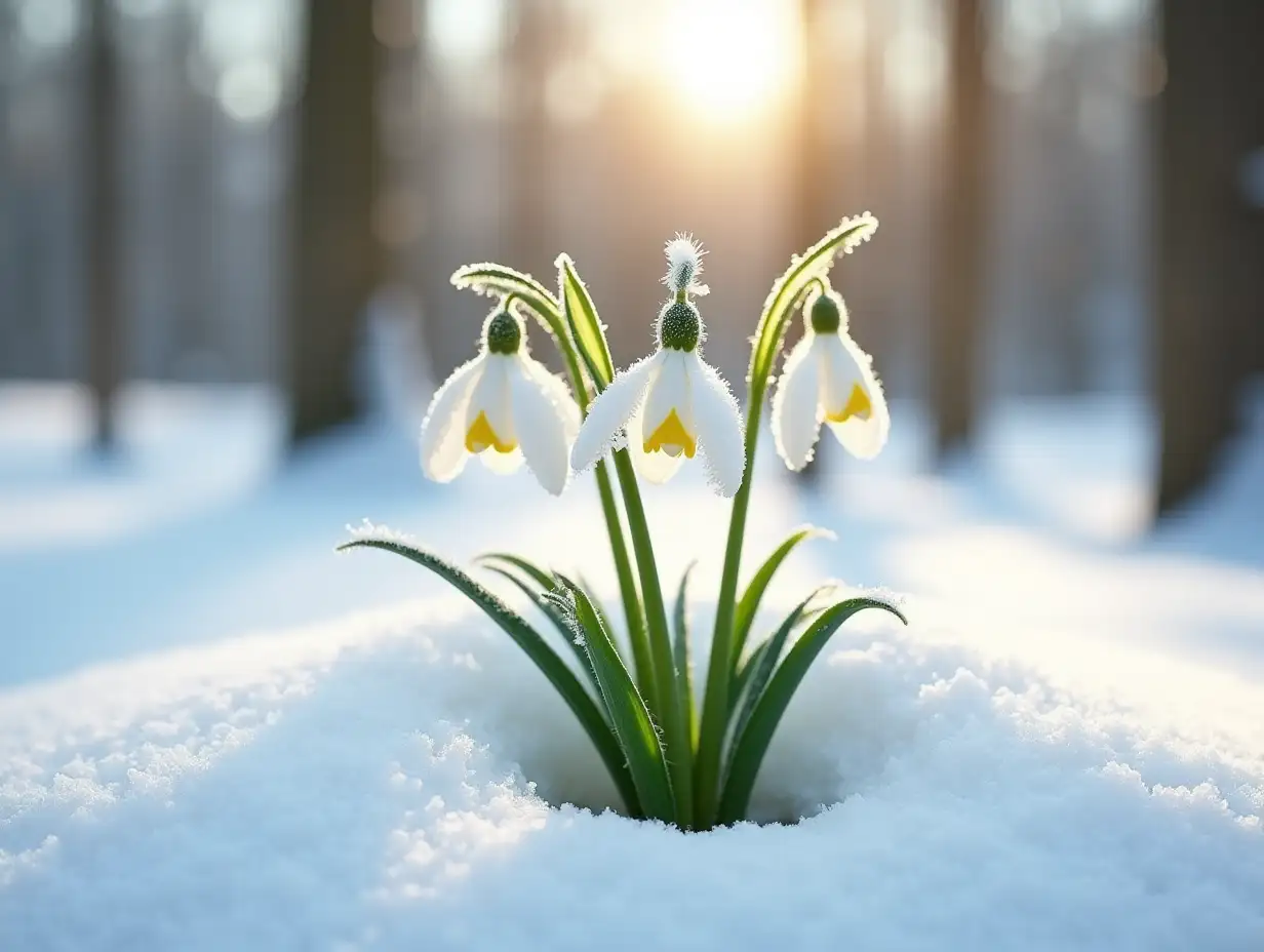 Three snowdrop flowers, covered in frost, are positioned in a snowy forest. The flowers are a pure white, with vibrant yellow centers.  Their delicate petals are gently curved downward, and the flowers are slightly angled towards the viewer.  Bright, fresh green foliage emerges from the snow, surrounding and supporting the blossoms.  The snow is a pristine white, with subtle shadows indicating sunlight filtering through the trees.  Sunbeams are visible piercing through the forest canopy, creating a bright and luminous atmosphere.  The trees in the background are a muted brown, contrasted with the bright snow and flowers.  The perspective is slightly angled downward, focusing on the snowdrops, and the overall composition is symmetrical. The scene conveys a sense of spring's gentle arrival in a winter wonderland.  A serene and peaceful atmosphere permeates the image.