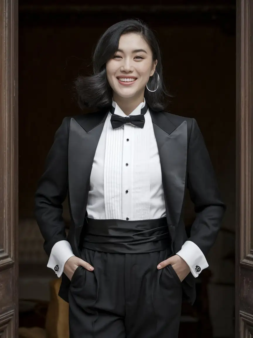 It is dark.  A smiling and vivacious 30 year old Chinese woman with ebony black shoulder length hair wearing an unbuttoned tuxedo with black tuxedo pants and a white shirt with a wing collar and a black bow tie and a black sash (cummerbund) and big black cufflinks.  She is standing in a dark room.  Her hands are in her pants pockets.  She is smiling broadly.  She looks relaxed.  The room is dark.