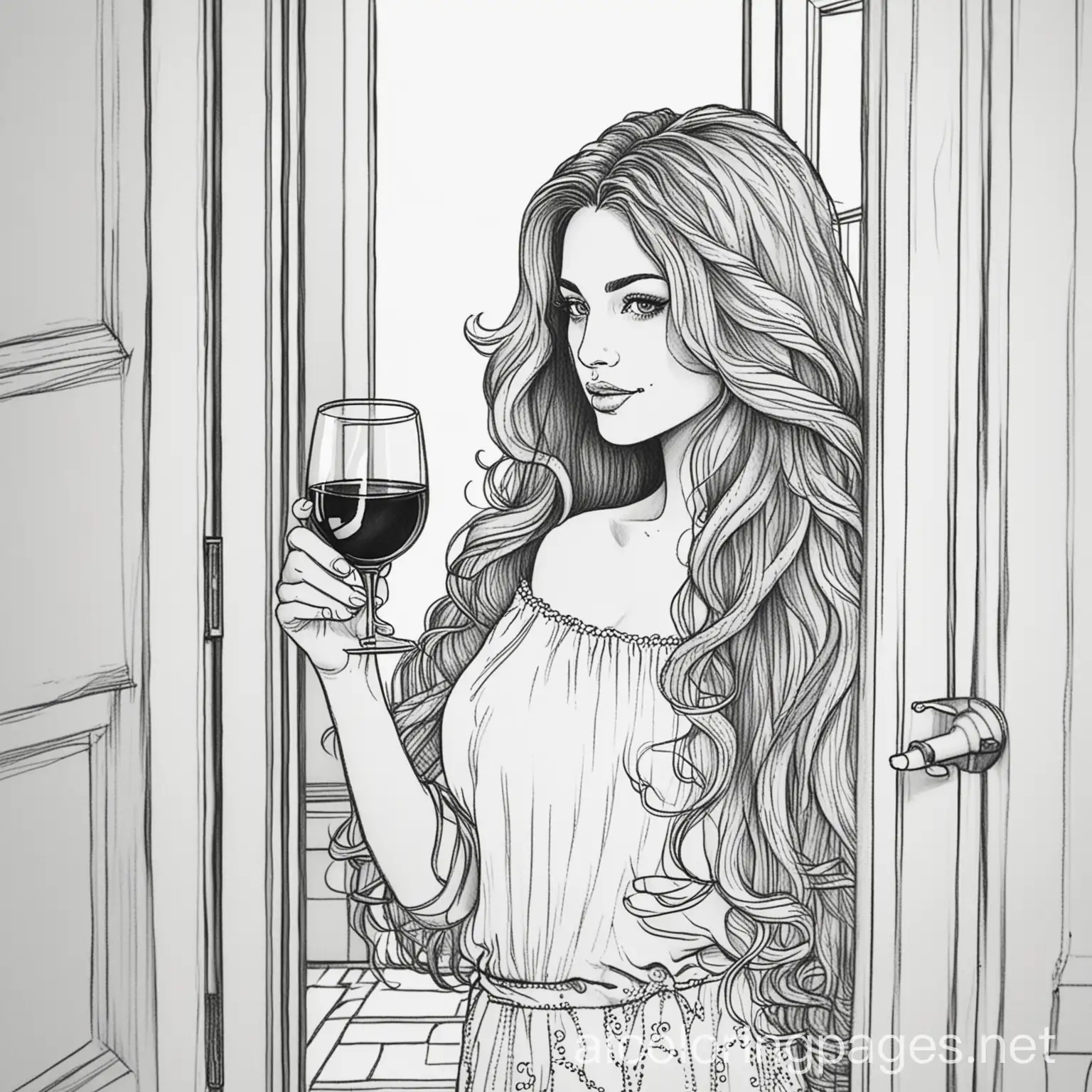 Elegant-Woman-Enjoying-Wine-in-a-Doorway-Adult-Coloring-Page