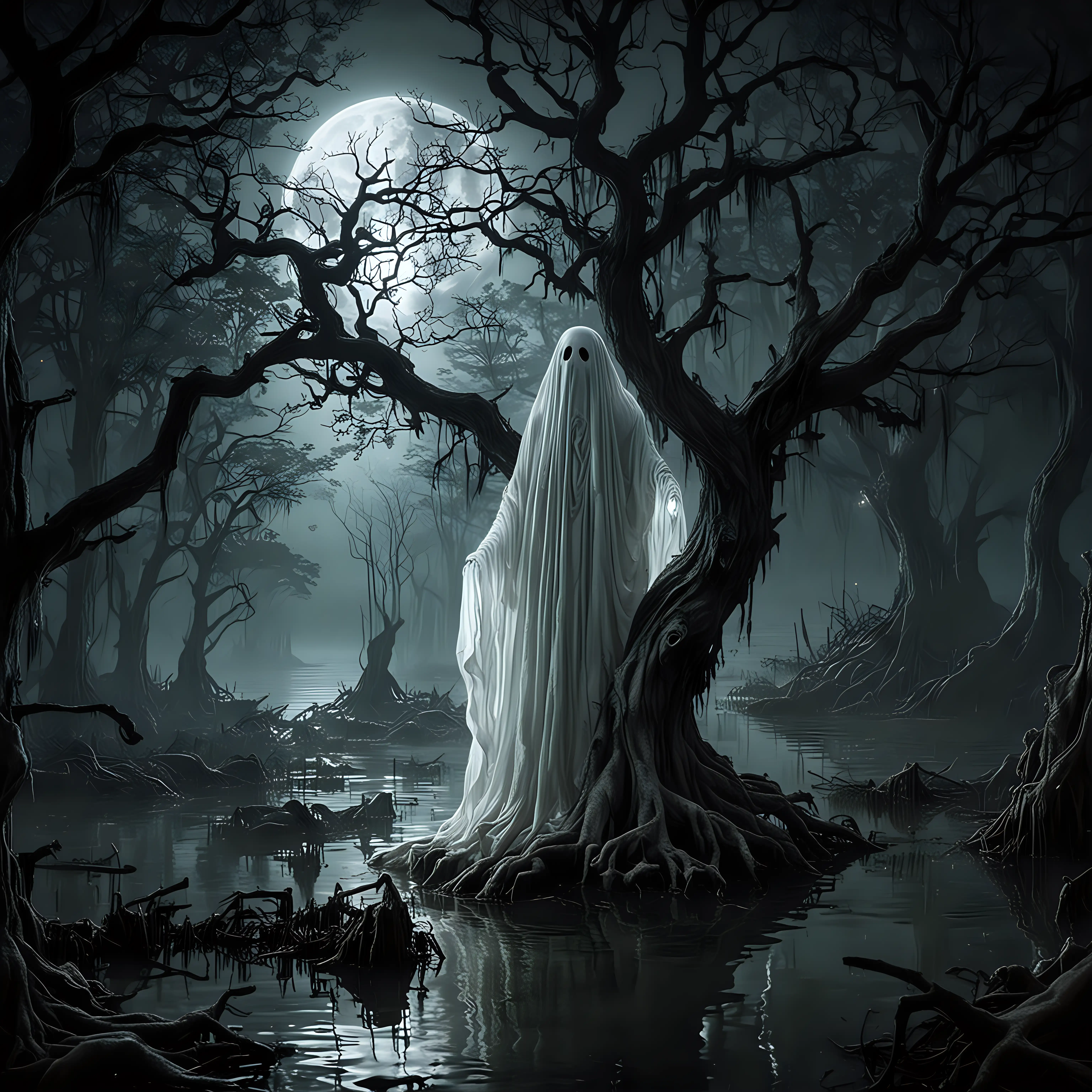 clear ghost with wavy large scary tree in swamp with spooky see through ghost floating moonlight night