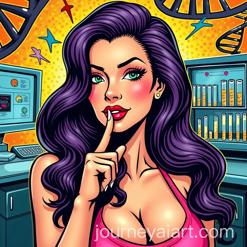 Glamorous-Woman-with-Purple-Hair-and-Medical-Biotechnology-Theme-in-PopArt-Style