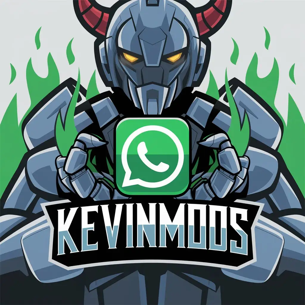 LOGO-Design-For-KEVINMODS-Robot-Demon-Horns-with-Floating-WhatsApp-and-Green-Flames