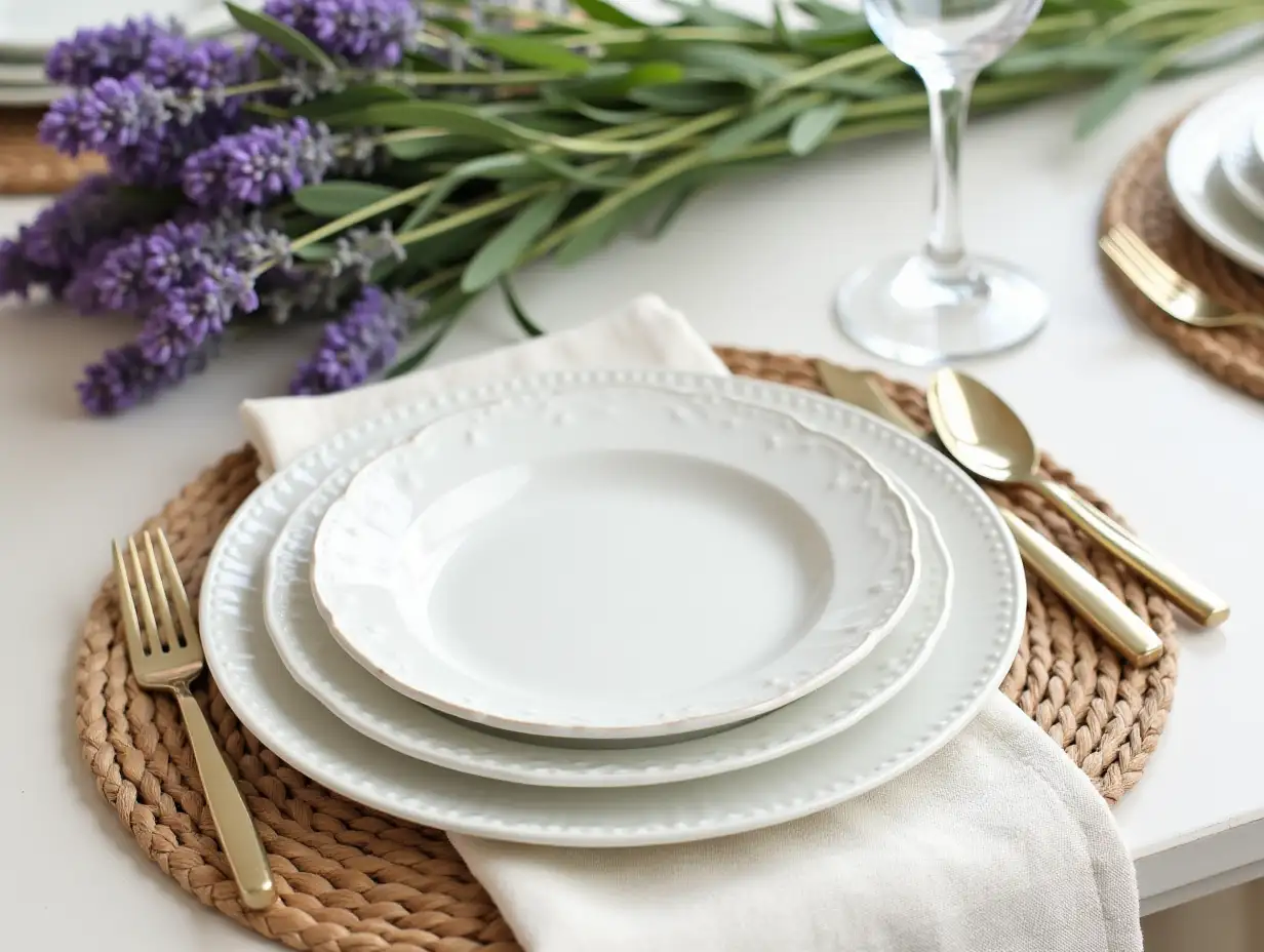 An inviting summer table setting featuring a woven placemat white dinnerware linen napkin cutlery a glass and fresh lavender flowers