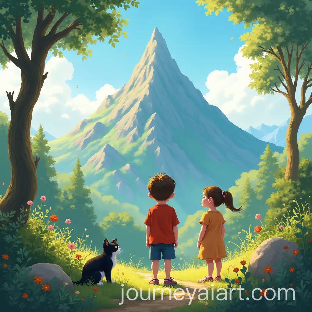 Boy-Girl-and-Cat-Gazing-at-Mountain-in-Scenic-Earthly-Surrounding