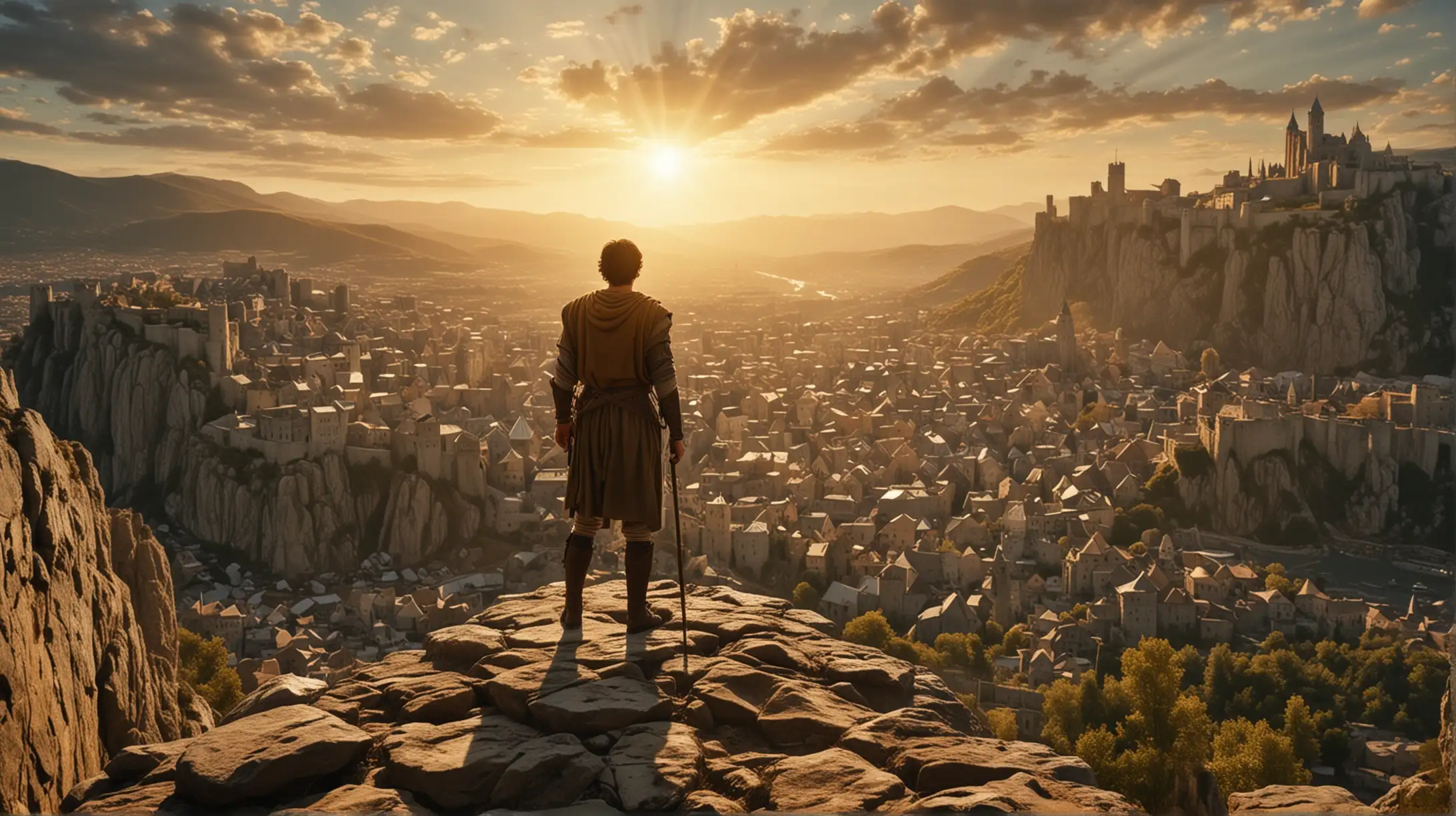 Man Standing on Mountainous Rock Overlooking Medieval City at Sunset