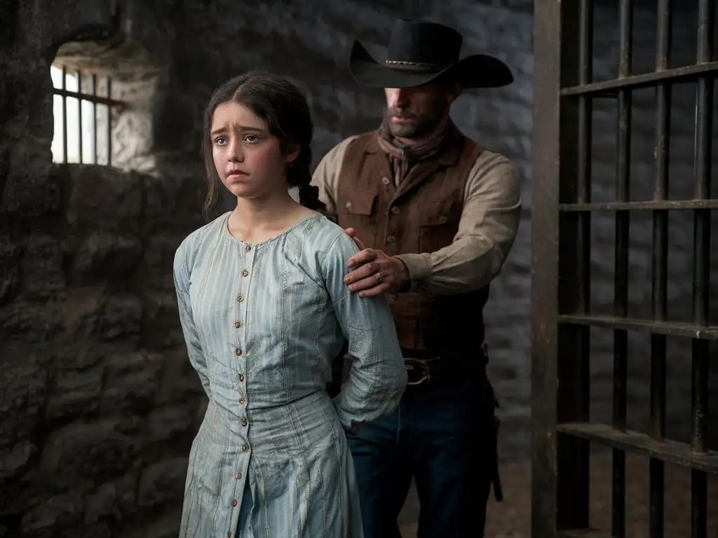 Busty Prisoner Woman in 1800s Texas Jail with Cowboy Escort