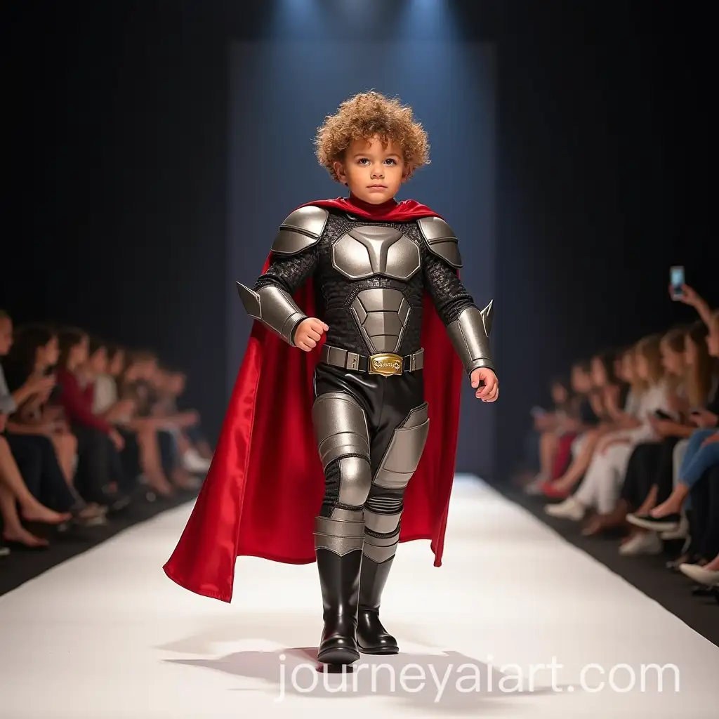 Child-Dressed-as-Superhero-Striking-Heroic-Pose-on-Fashion-Runway