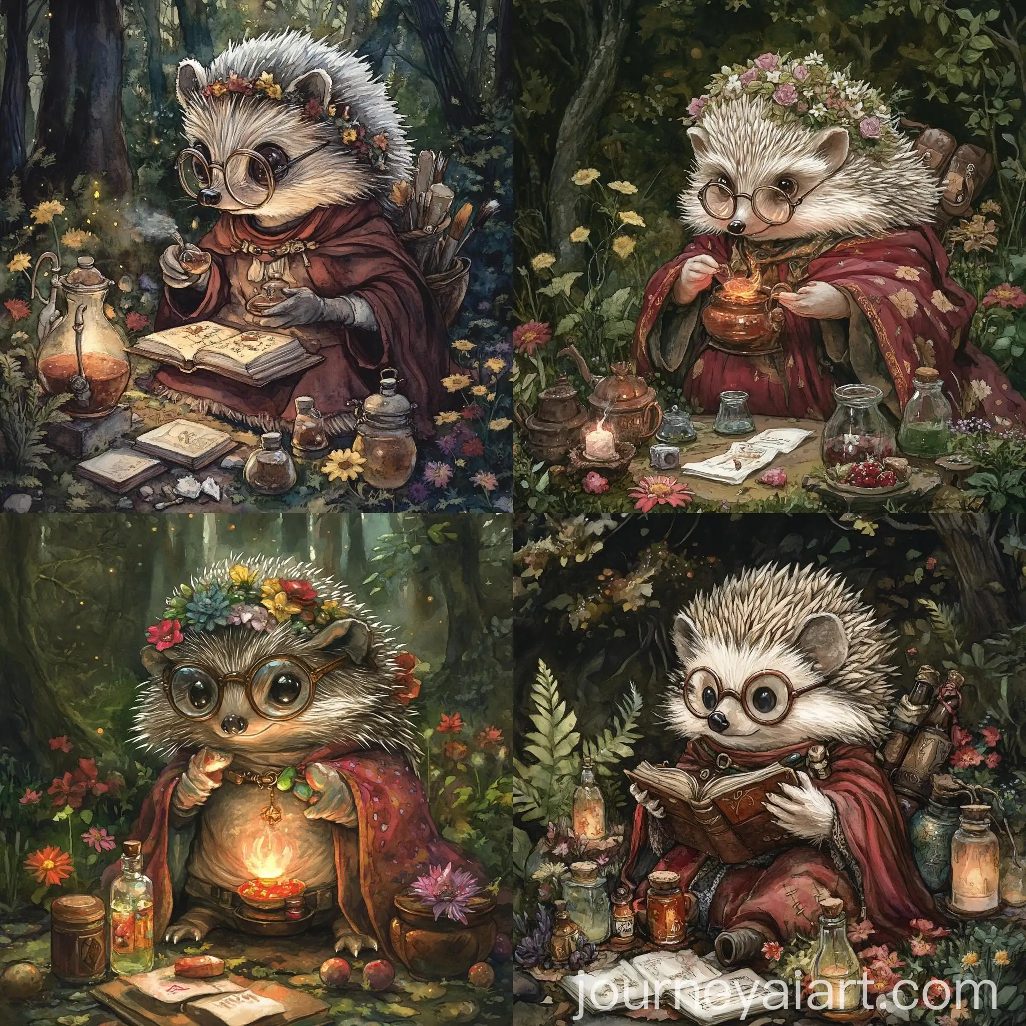 Artificer-Hedgehog-Lady-Surrounded-by-Magical-Potions-in-Enchanted-Forest