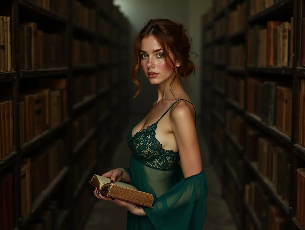 Elara, an 18-year-old librarian, standing in an alluring pose in the dimly lit, dust-filled aisle of an ancient library. Her youthful beauty is accentuated by an emerald-green, sheer dress that clings to her athletic figure, revealing a delicate lace bralette beneath. An auburn strand of hair has escaped her loose bun, framing her flushed cheek, while a seductive bead of sweat glistens on her neck. Her rich brown eyes sparkle with curiosity and mischief as she holds a book with partially obscured content, hinting at its alluring nature. The low neckline of her dress teases the viewer with glimpses of her cleavage, adding a layer of intrigue to the intellectual setting. Despite the warmth, her makeup remains flawless, and her full pink lips curve into a knowing smile. The musky scent of aged paper permeates the air, subtly blending with the sweetness of her perfume. The shadowy bookshelves behind her stretch into the distance, their leather-bound tomes whispering of the secrets they hold. Elara stands as a captivating contrast, her nascent sexuality enhancing the enigmatic allure of the scholarly sanctum. Her stance suggests she's about to share an intimate moment with a fellow patron, perhaps whispering a scandalous plot twist or a secret long forgotten, inviting the viewer into a world where knowledge and desire coalesce in an irresistible dance of the mind and heart.