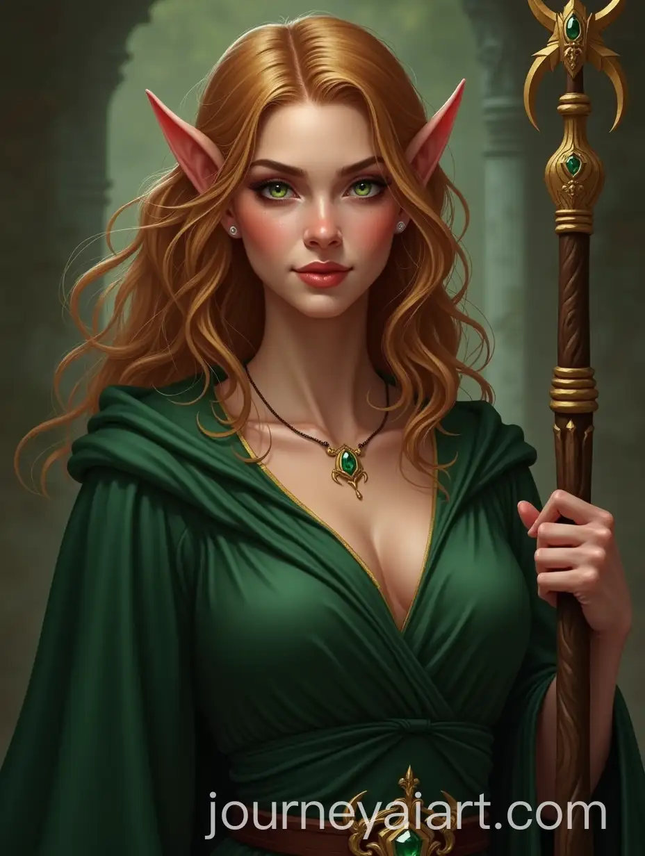 Portrait-of-a-Beautiful-Female-Elf-with-Strawberry-Blonde-Wavy-Hair-and-Green-Eyes-Wearing-a-DeepNecked-Mage-Robe-and-Holding-a-Magic-Staff