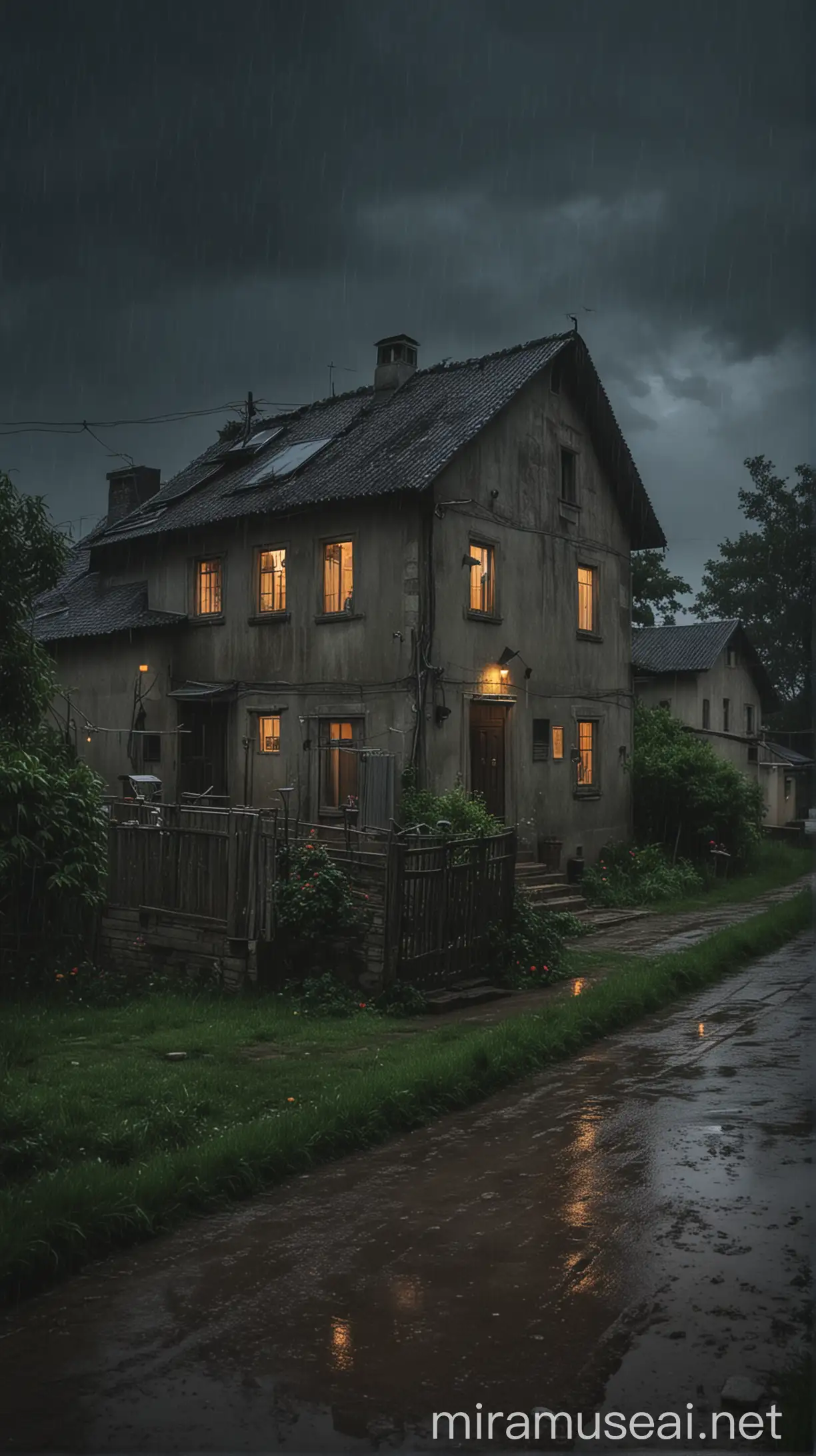 Rural House in Heavy Rainy Night Atmosphere