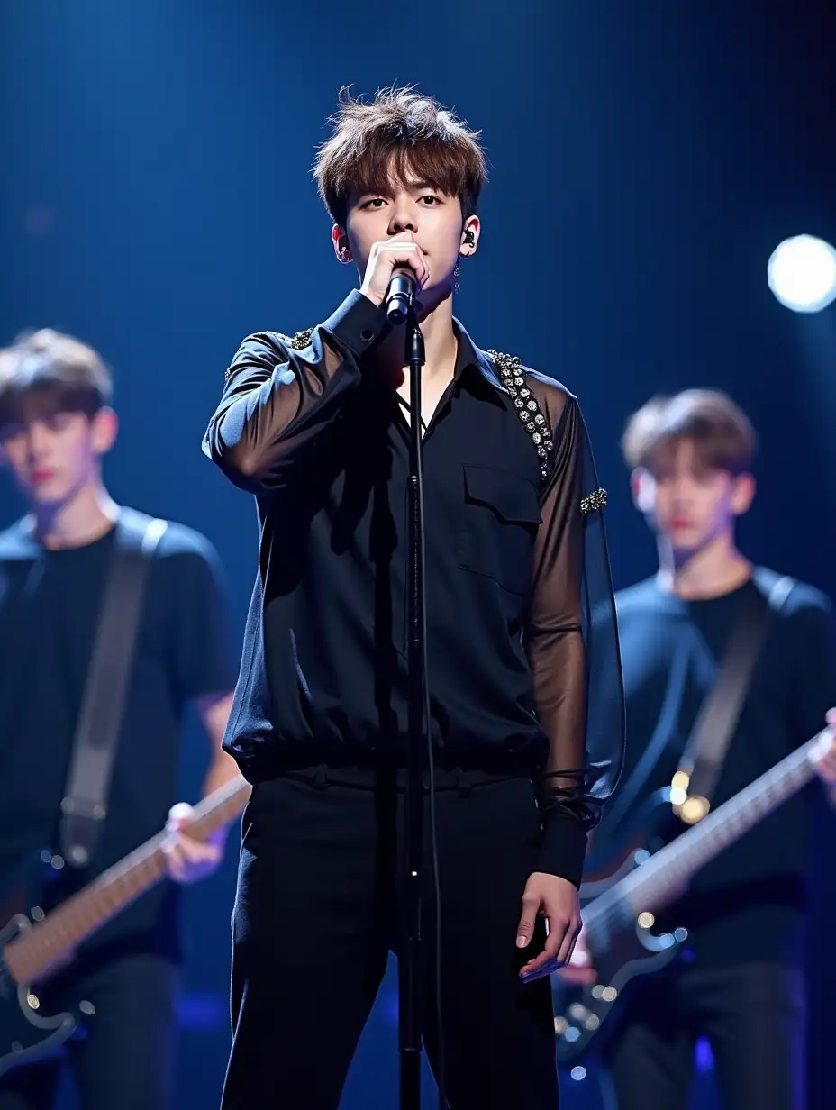 A young handsome brunette guy with a K-pop hairstyle, standing on stage in front of a microphone, performing a song or performing in front of an audience. He's wearing super trendy black K-pop style clothes decorated with decorative elements — maybe sequins or chains. with transparent sleeves. A three-quarter body photo. The insanely intricate lighting highlights his figure, which emphasizes his performance and stage presence. On the stage behind him are young guys-musicians 