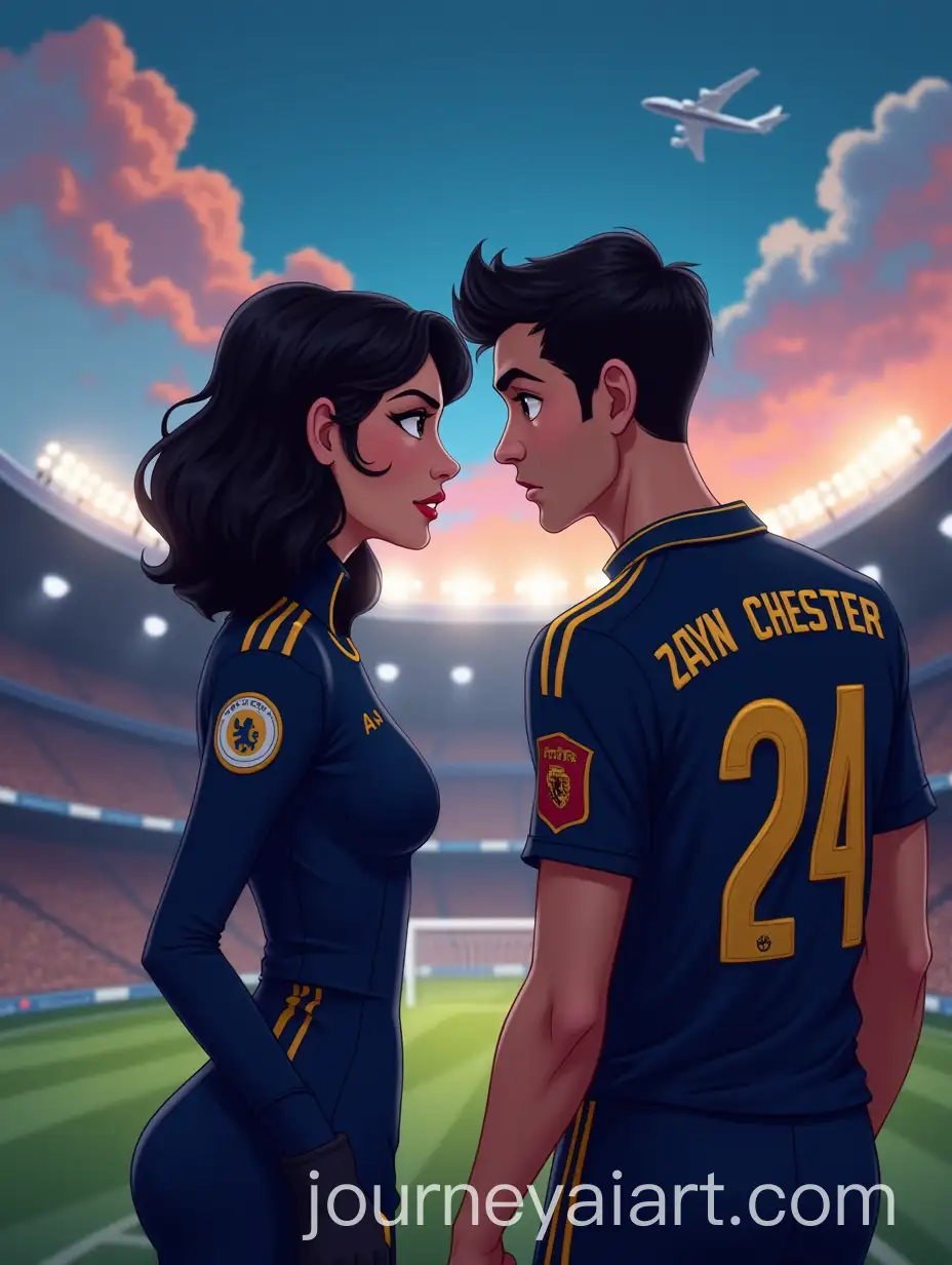 Cartoon-Stage-with-Intense-Gaze-Between-Pilot-and-Soccer-Player-in-Vintage-Style