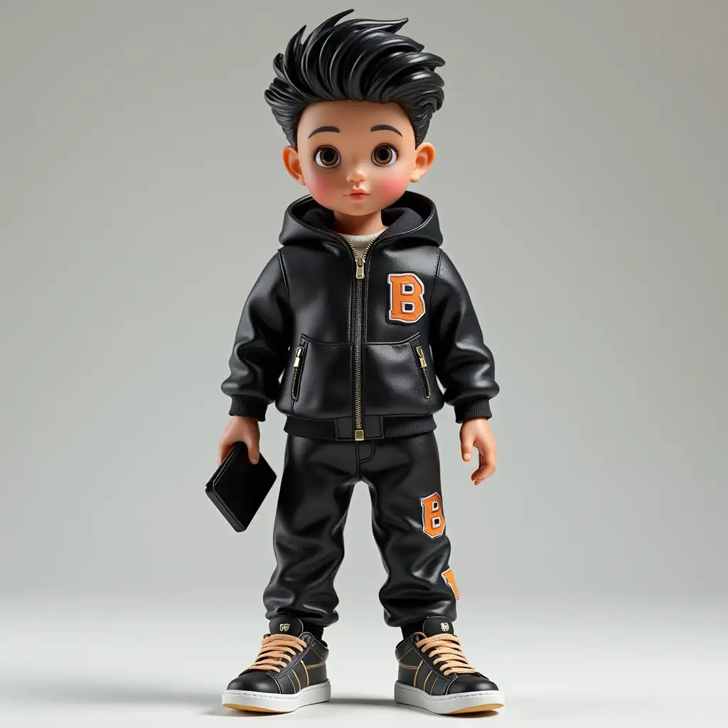 A doll boy in a sports suit with sneakers and black hair, accessories should include a cast pistol wallet and a smartphone