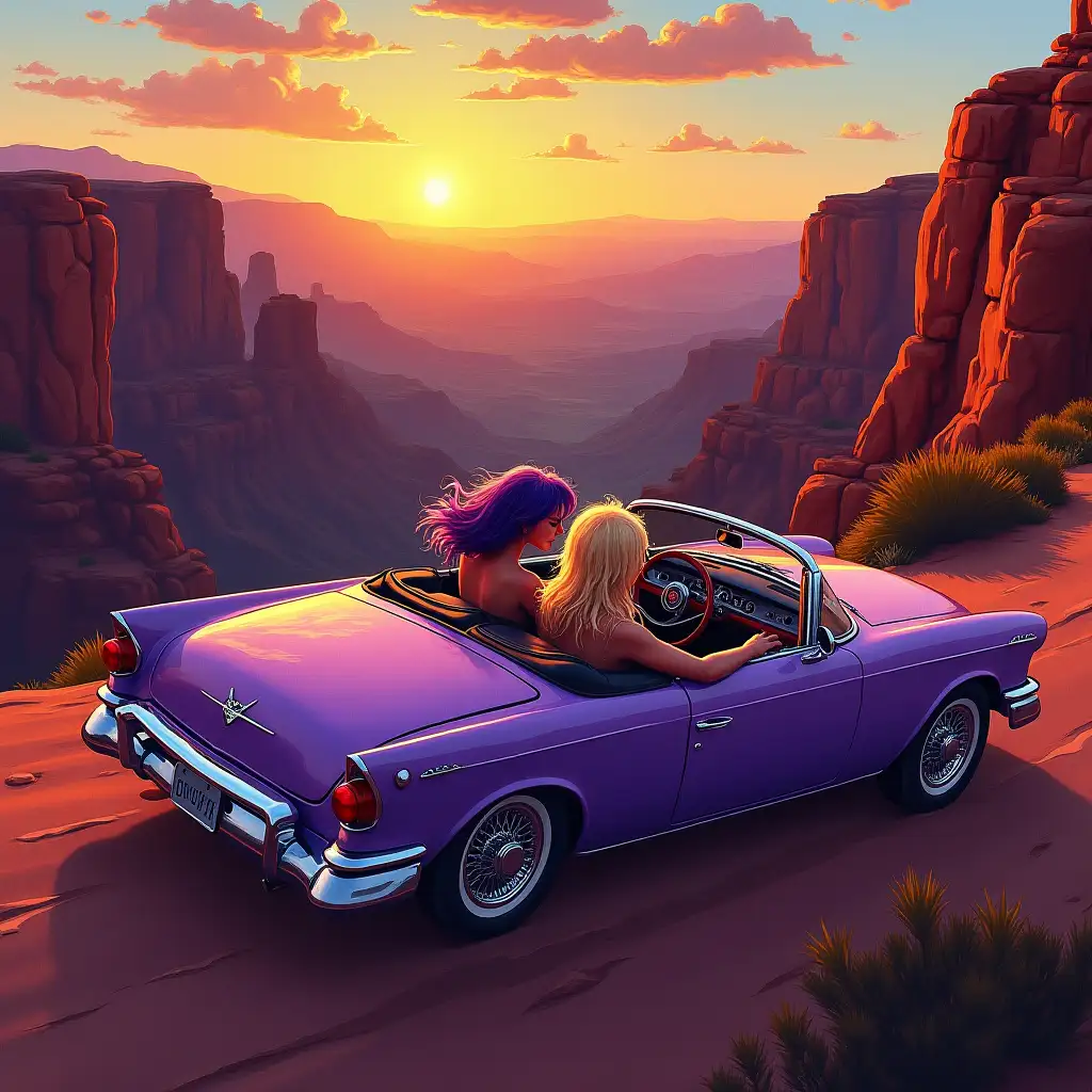 Draw a scenic landscape of a canyon or desert landscape at sunset, with a classic purple convertible driving along the edge of the cliff, capturing the sense of danger and exhilaration, symbolizing freedom and escape.n- two women in the convertible, one blond, and one with purple wavy hair, looking out at the horizon, with their hair blowing in the wind, conveying a sense of empowerment and solidarity.nnThe color palette should include a mix of bold, vibrant hues (such as red, orange, and yellow) to convey the sense of freedom and rebellion, along with deeper, richer tones (such as blue and purple) to add depth and emotion.