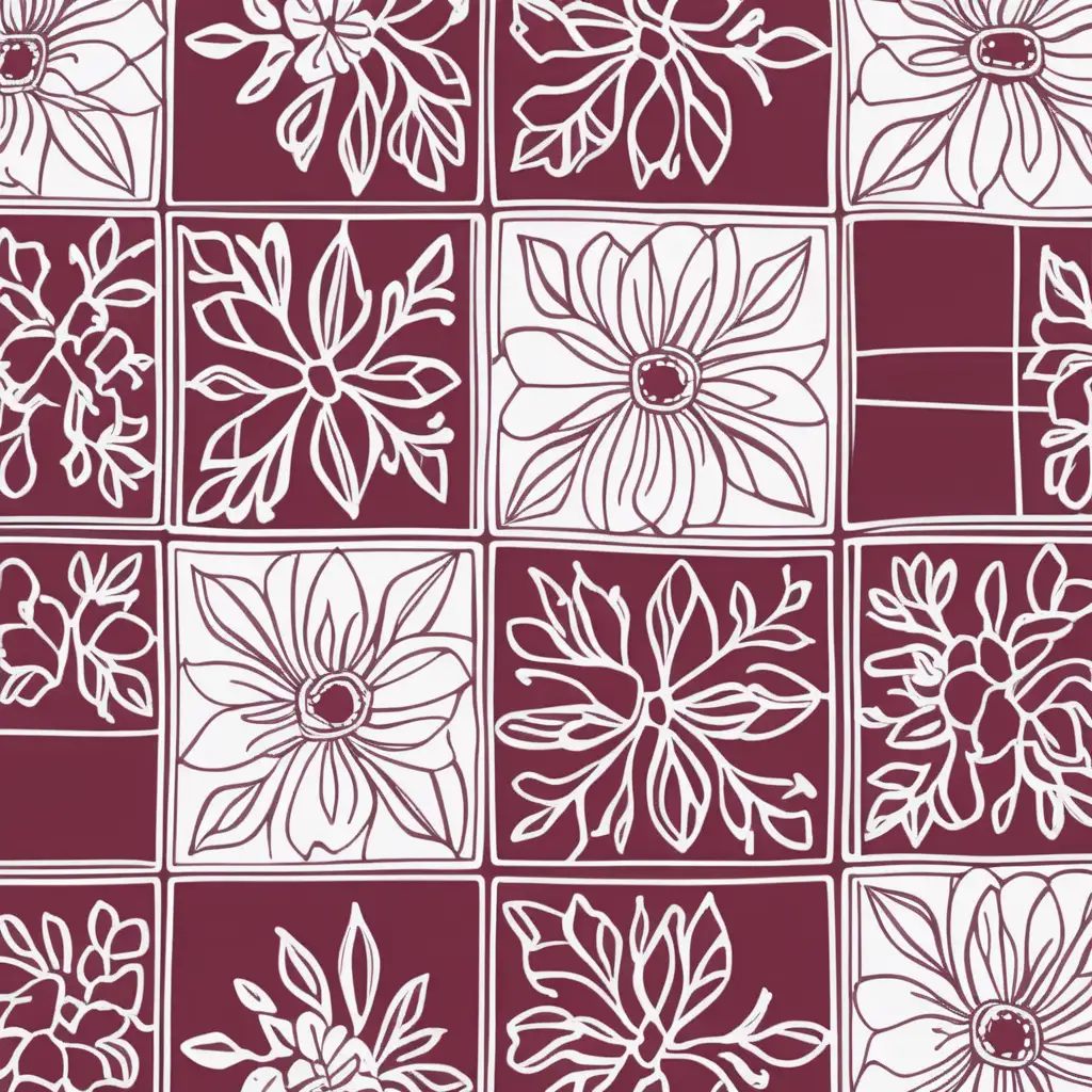 Abstract Burgundy White and Orange Floral Doodle Squares Pattern