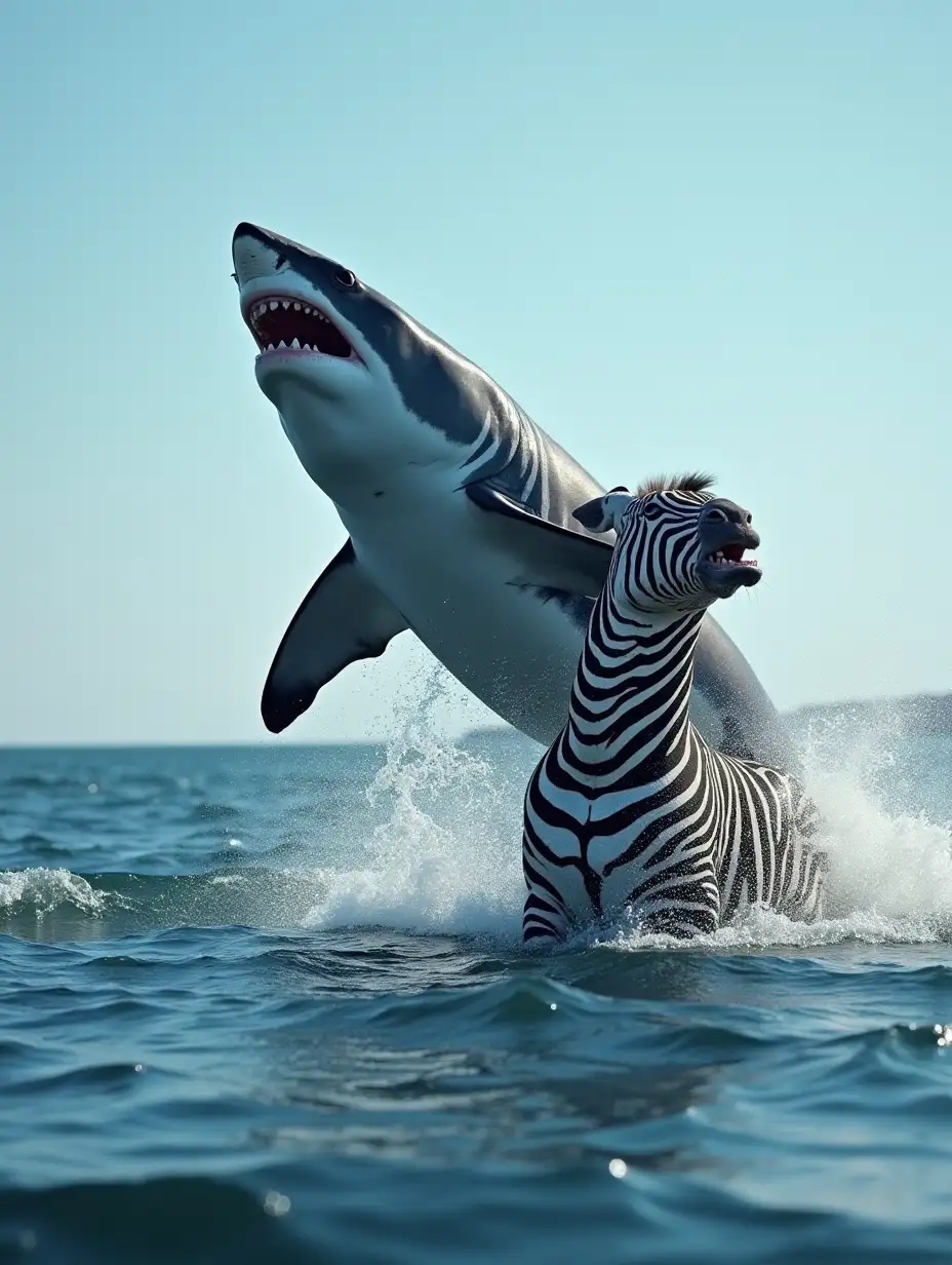 A huge shark jumping on a zebra in the sea