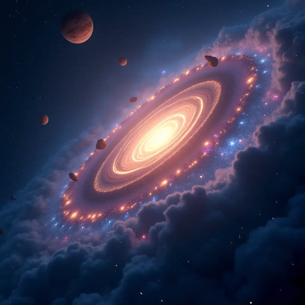 A cinematic scene showing a rotating spiral galaxy in deep space (Triangulum Galaxy), with swirling arms of stars, glowing dust clouds, and nebulae in shades of blue, purple, and gold. The scene should depict dynamic motion - galaxy slowly revolving, with a zoom-in perspective moving through layers of cosmic structures like star clusters and asteroid fields. Add a subtle gravitational lensing effect as the camera approaches a mysterious glowing core. In the final focal point, reveal a hidden planetary system with a luminous, habitable alien planet (Veloria) surrounded by auroras and energy rings. Pixar-style sci-fi animation with rich colors and depth, cinematic lighting, wide aspect ratio.