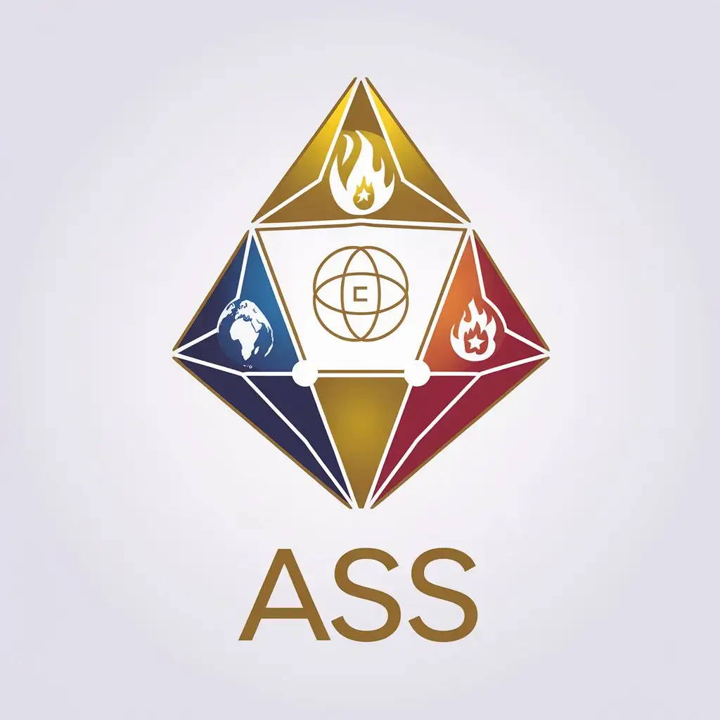 a vector logo design,with the text "ASS", main symbol:Golden crystal of four elements: earth, water, fire, air. Inside the crystal a sign of energy. Contour image on white background.,Minimalistic,be used in Religious industry,clear background