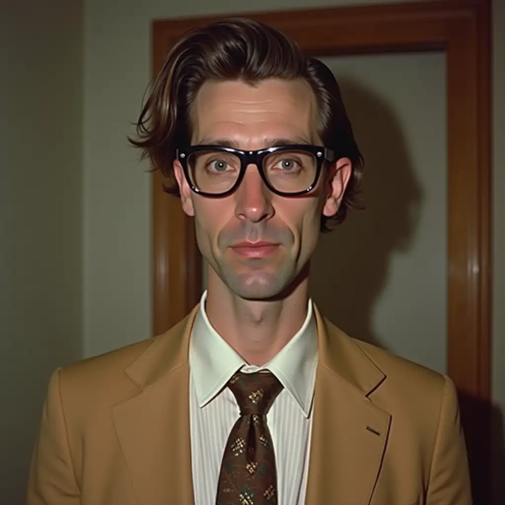 Suspicious Man in 1990s Style Tan Suit with Beady Eyes and Glasses