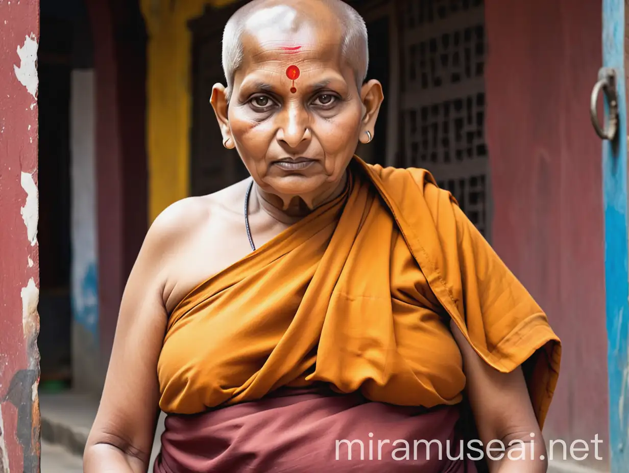 Portrait of a 75YearOld Indian Female Monk with Curvy Figure