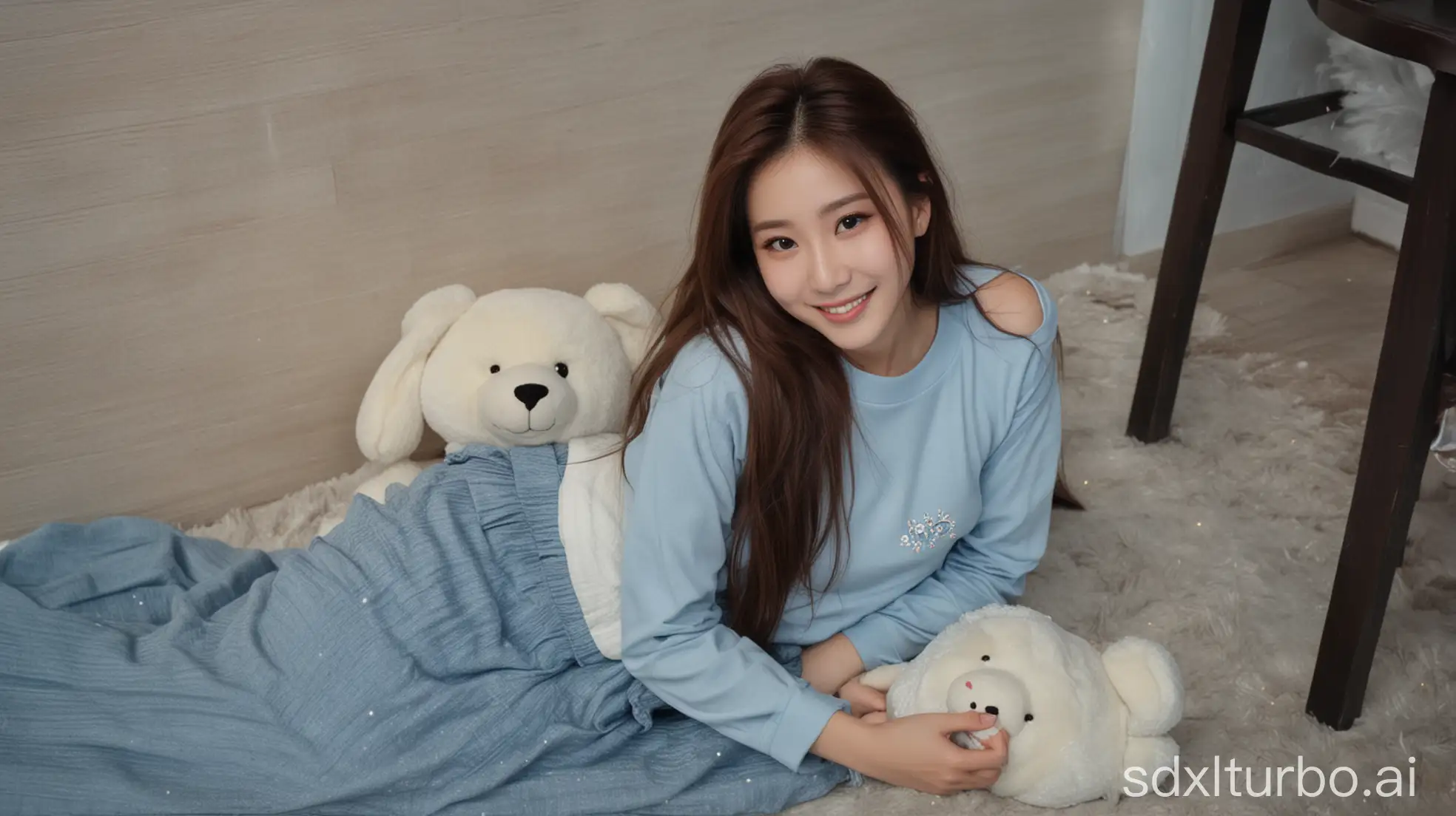 Chinese-Woman-with-Sweet-Smile-in-Light-Blue-Outfit-Holding-Stuffed-Animal-on-Winter-Night