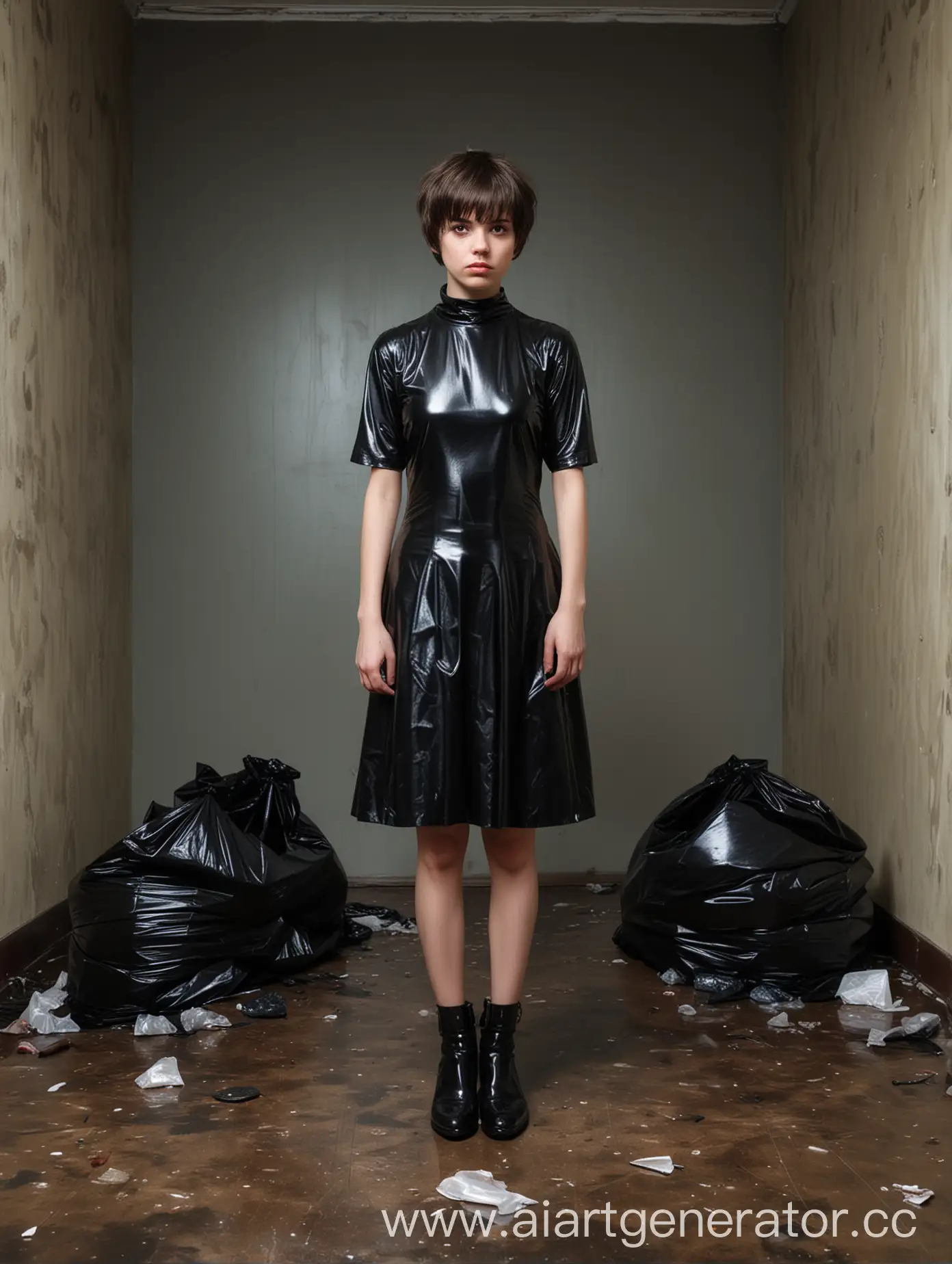 Girl-Kneeling-in-Fearful-Room-with-Latex-Dress-and-Black-Garbage-Bag