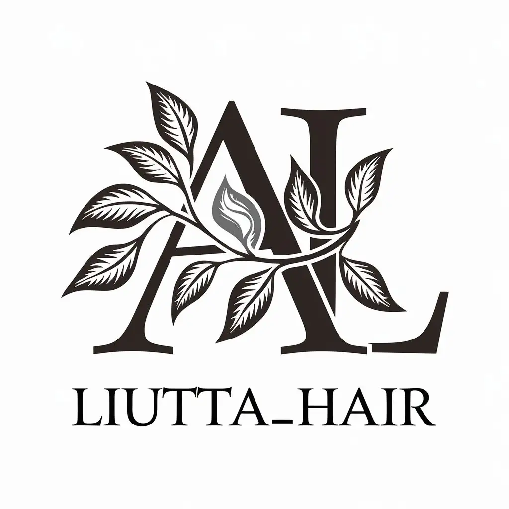 a vector logo design,with the text "liutta_hair", main symbol:letters AL wrapped in live branches with leaves, leaves look like living,complex,be used in Beauty Spa industry,clear background