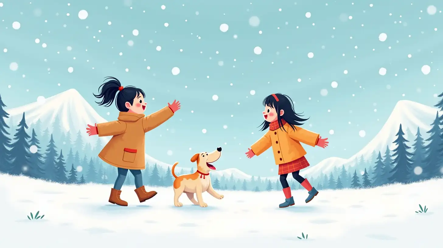 Joyful Winter Dance of Two Asian Girls with Their Dog in a Snowy Mountain Wonderland