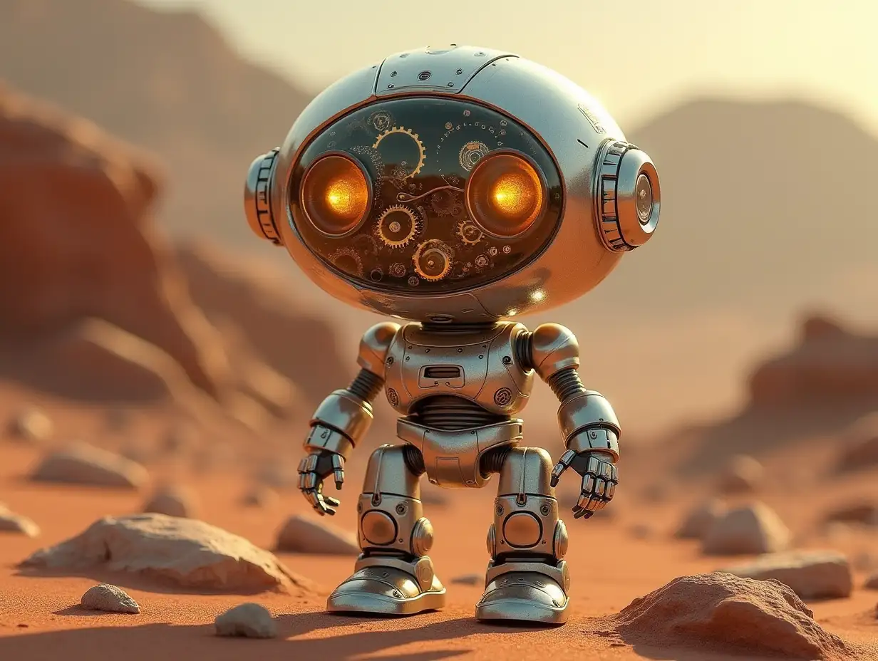 Create a high-resolution, realistic image of an artificial intelligence named Robert, 3 meters tall with eyes, arms, and legs, with gears on the cheeks and a glass head with a visible platinum brain made of gold, screws with many gears, on Mars in a 4k resolution rock setting.