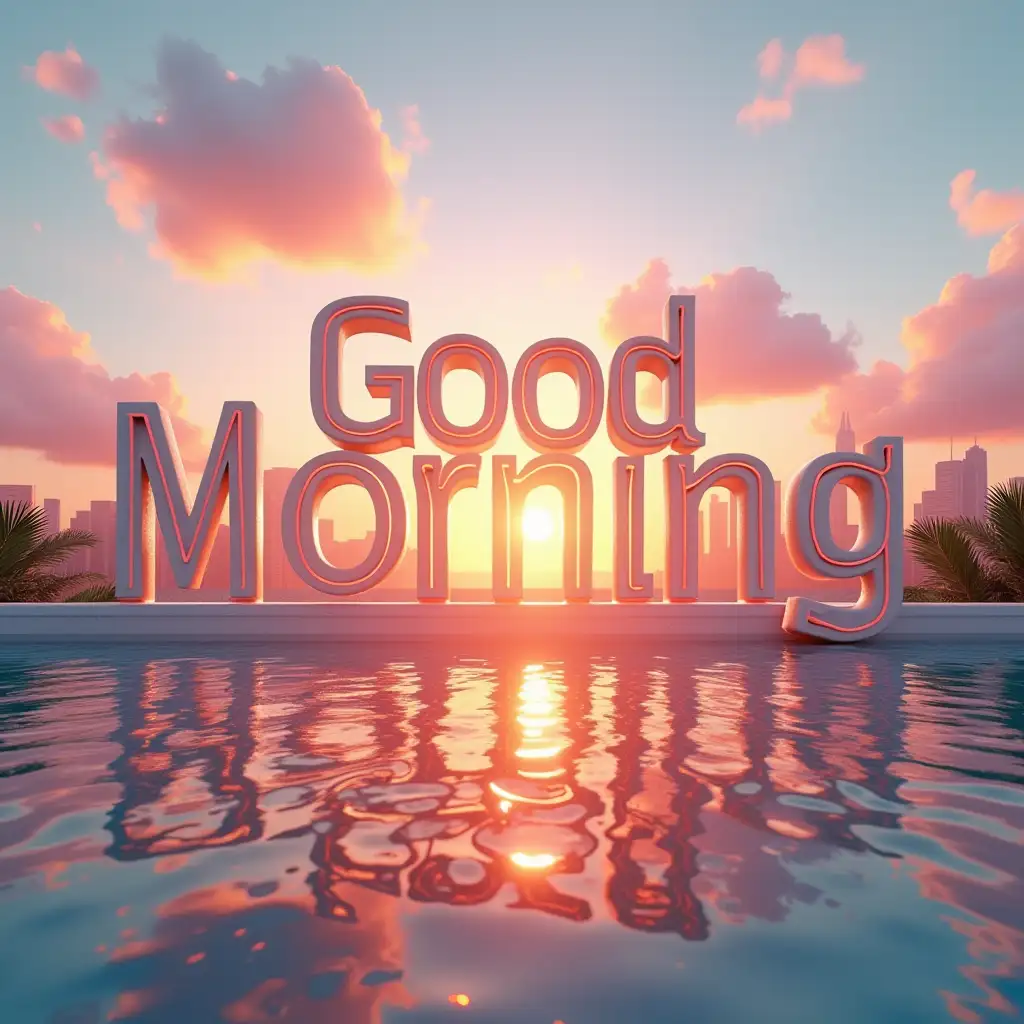 Good Morning 3d stylized text written between scene from sunrise morning from modern city closer to seaside