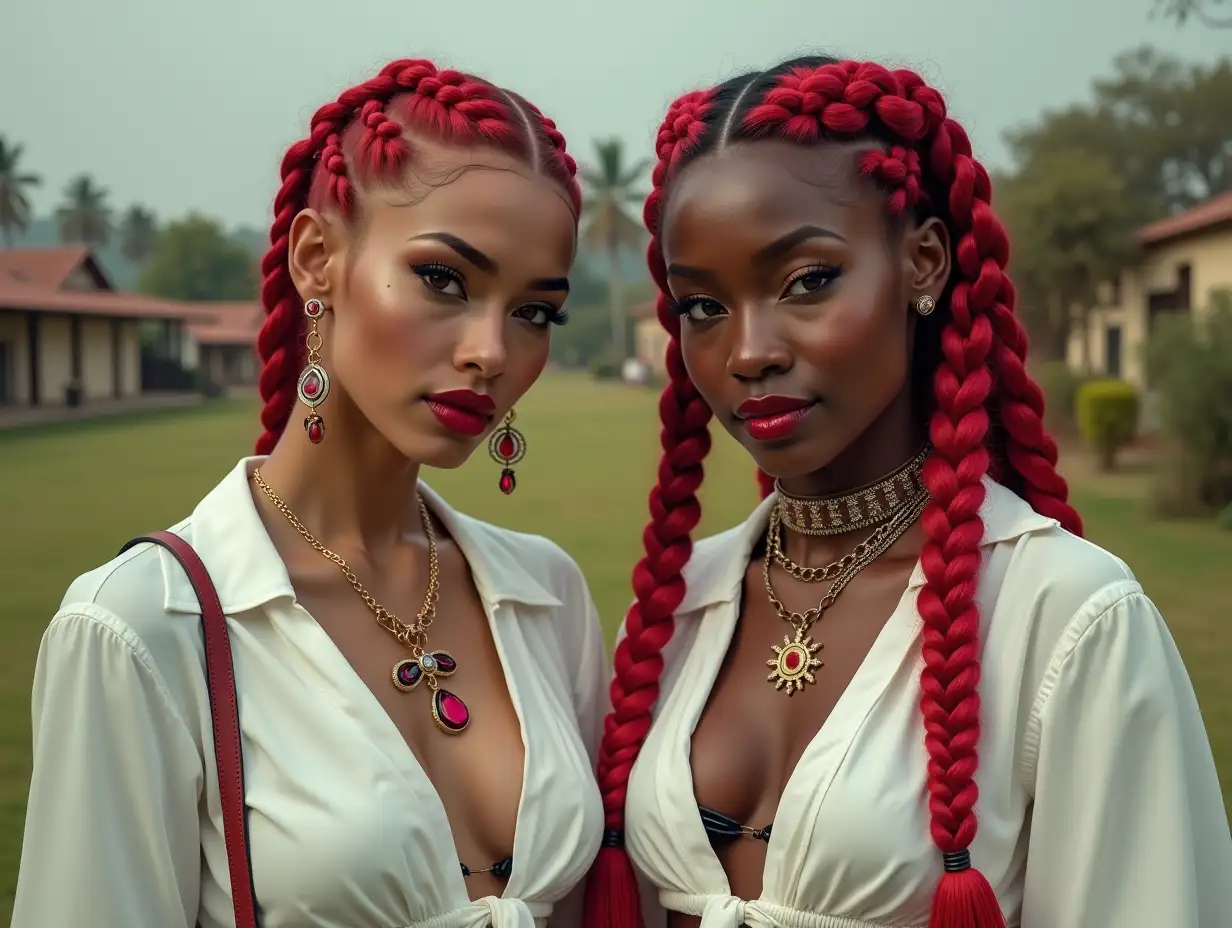 Two white, round Pin-up girls 70 years old red braids wear a low-cut white blouse, Rubys Gold necklace with a slight smile on their faces, tattoos, jewelry on the head, lipstick accentuates their smiles, modern jewelry, black skin, in a park with many houses in India Cyberpunk 8k quality