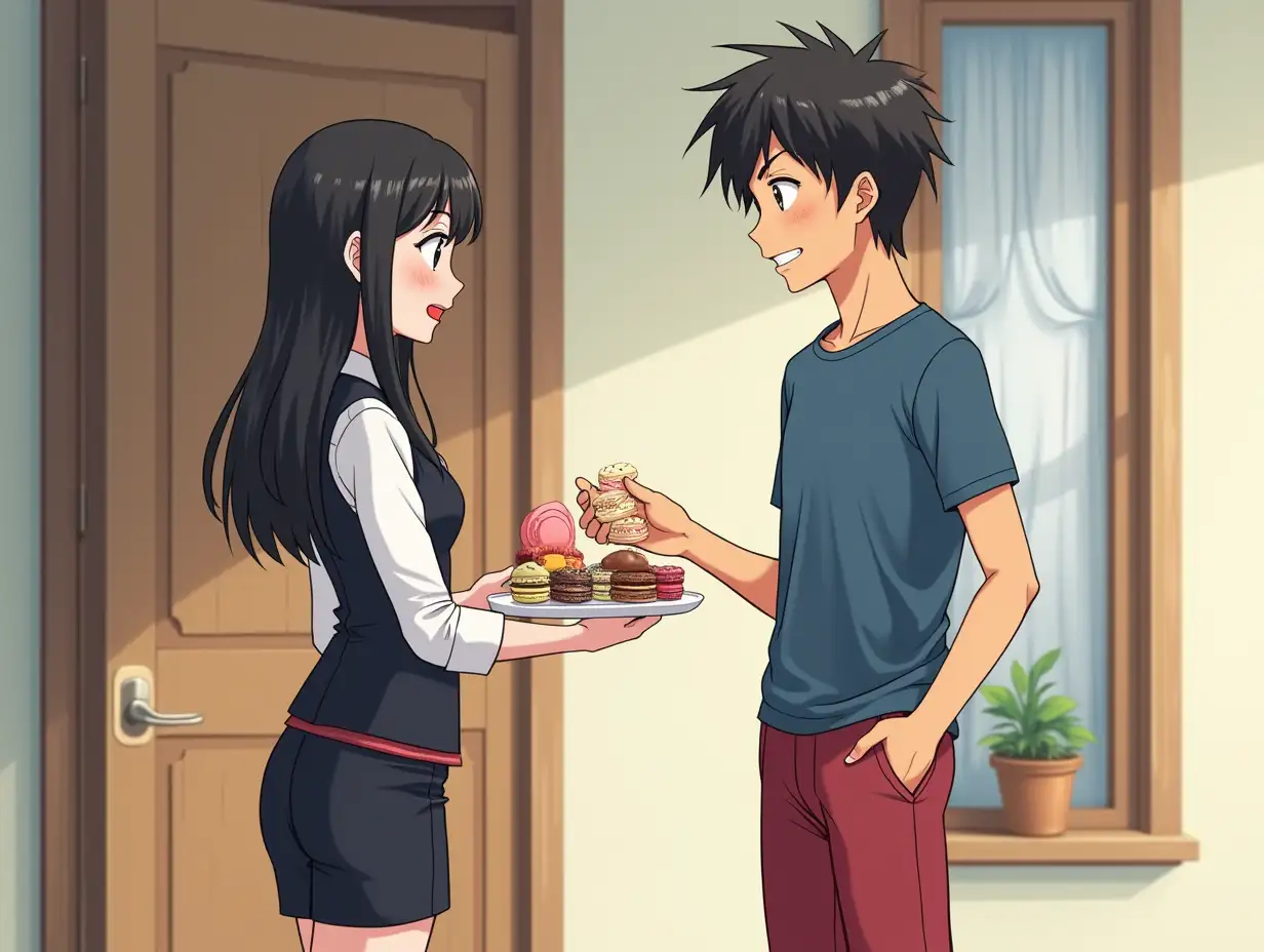 anime drawing of a pretty single female short young japanese woman with red lipstick long black hair and wears a white shirt and a black vest and short black shorts and boots greeting a plate of macarons to a tall sri lankan christian male with a blue t-shirt and red pants at a door